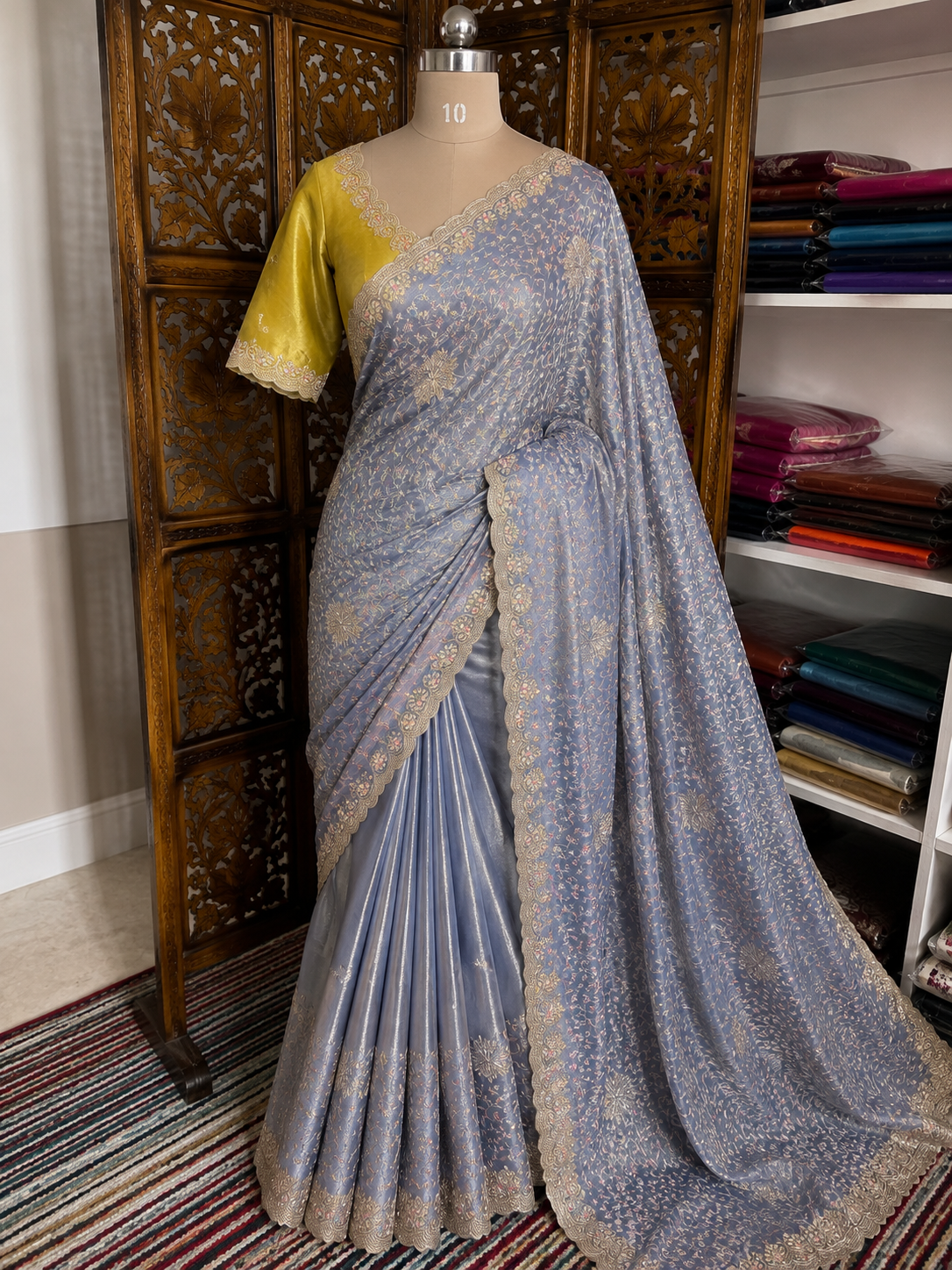 Grey Embroidered Tissue Saree with Contrast yellow