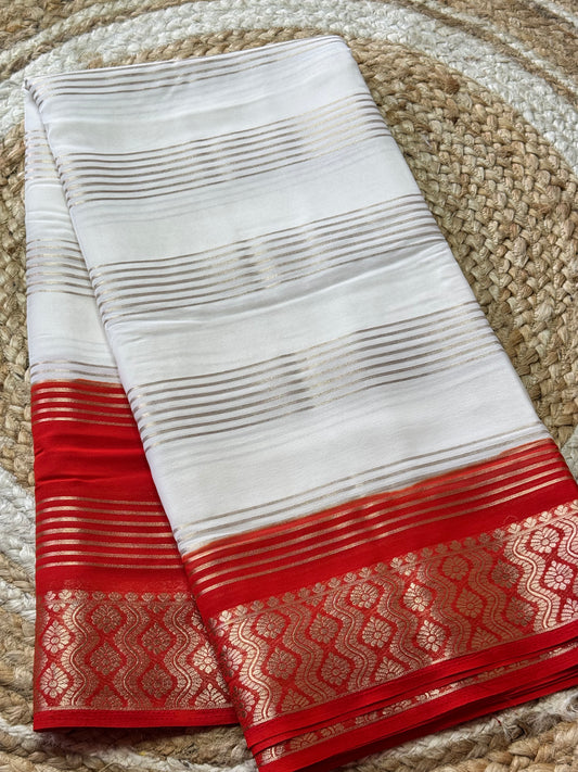 White and Orange Semi Mysore Crepe Silk Saree Rich Pallu