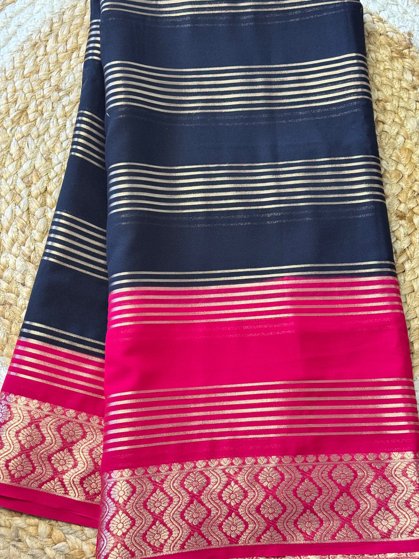 Black and Pink Semi Mysore Crepe Silk Saree Rich Pallu