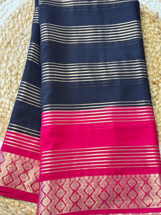 Black and Pink Semi Mysore Crepe Silk Saree Rich Pallu