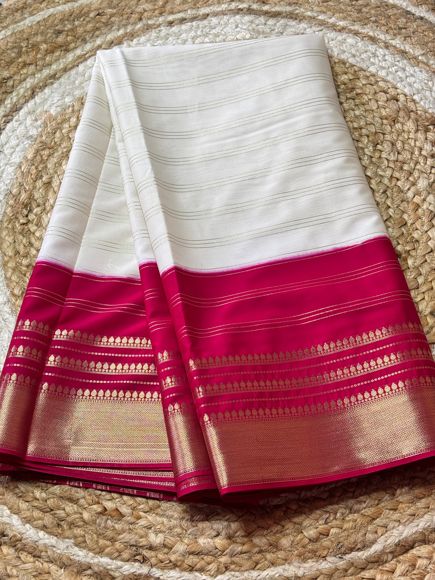 White and Pink Semi Mysore Crepe Silk Saree