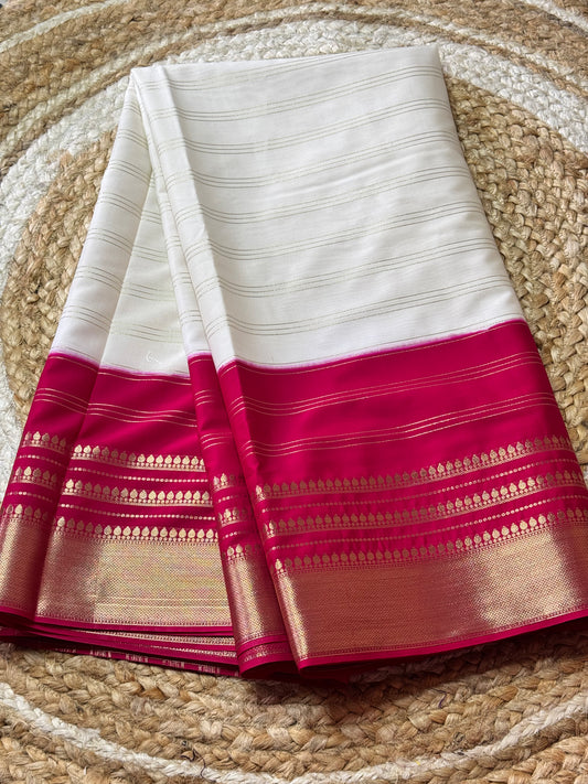 White and Pink Semi Mysore Crepe Silk Saree