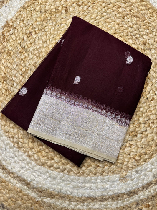 Brown with Cream Khadi Banaras Pure Chiffon Saree