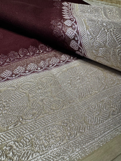 Brown with Cream Khadi Banaras Pure Chiffon Saree