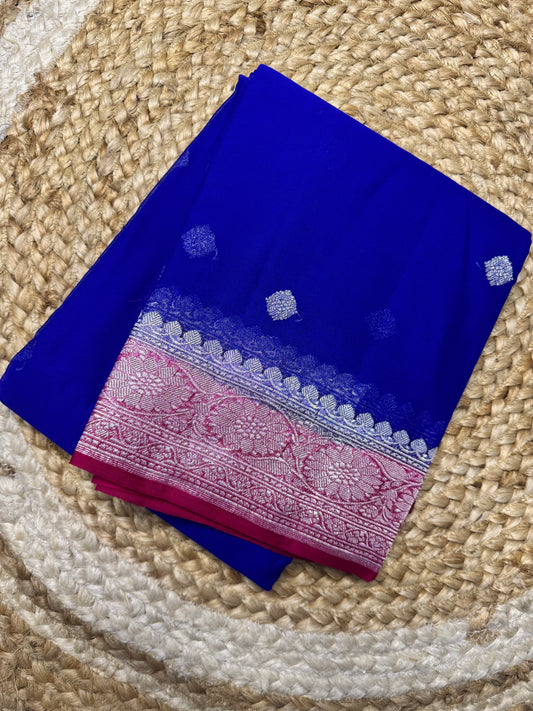 Blue with Pink Khadi Banaras Pure Chiffon Saree