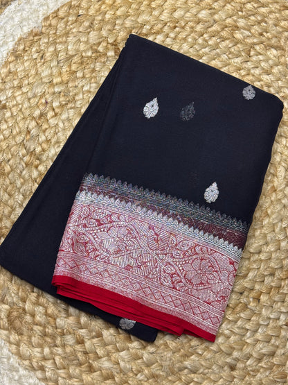 Black with Red Khadi Banaras Pure Chiffon Saree