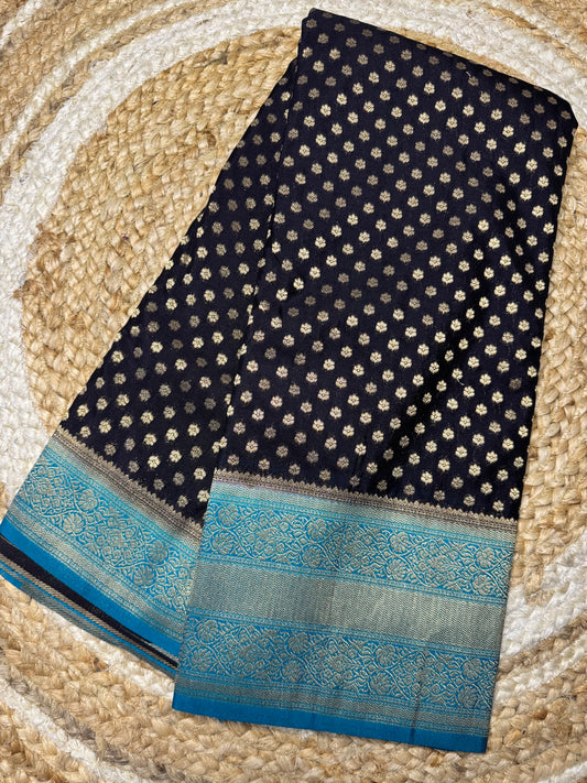 Black with Blue Semi Banaras Silk Saree