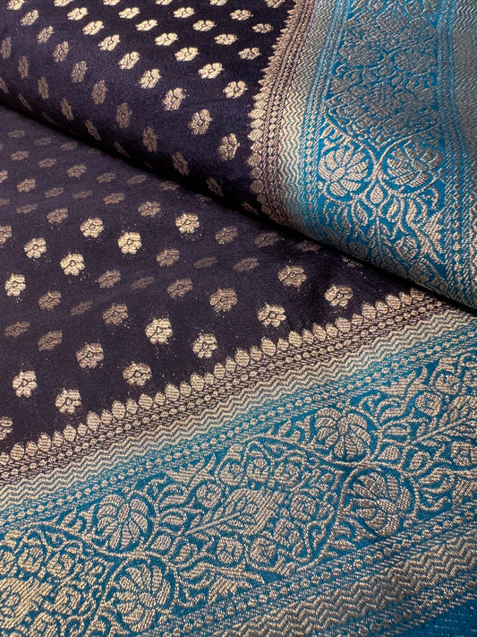 Black with Blue Semi Banaras Silk Saree