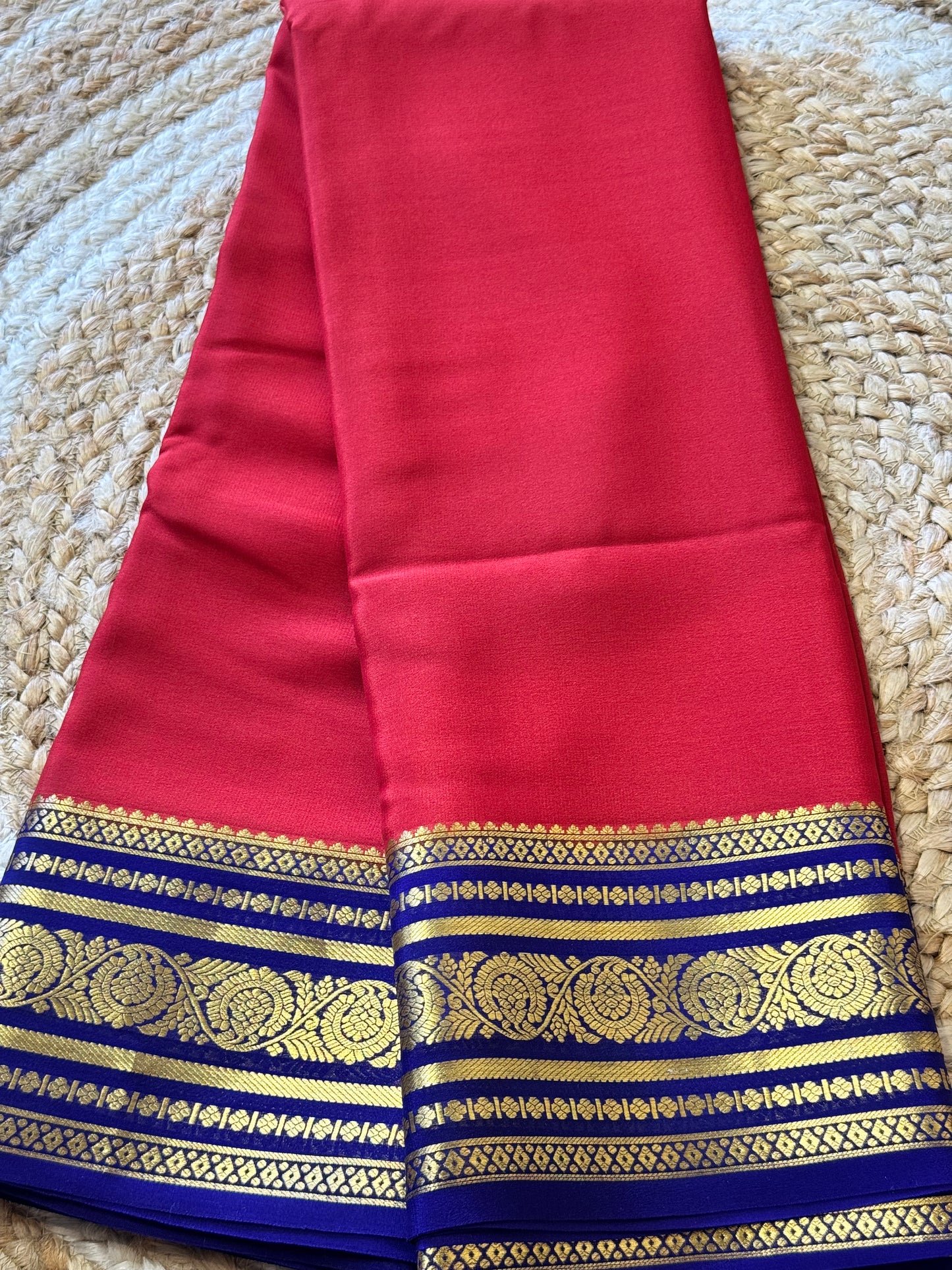 Red with Blue Pure Crepe Mysore Silk Saree