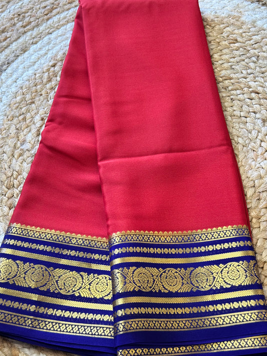 Red with Blue Pure Crepe Mysore Silk Saree