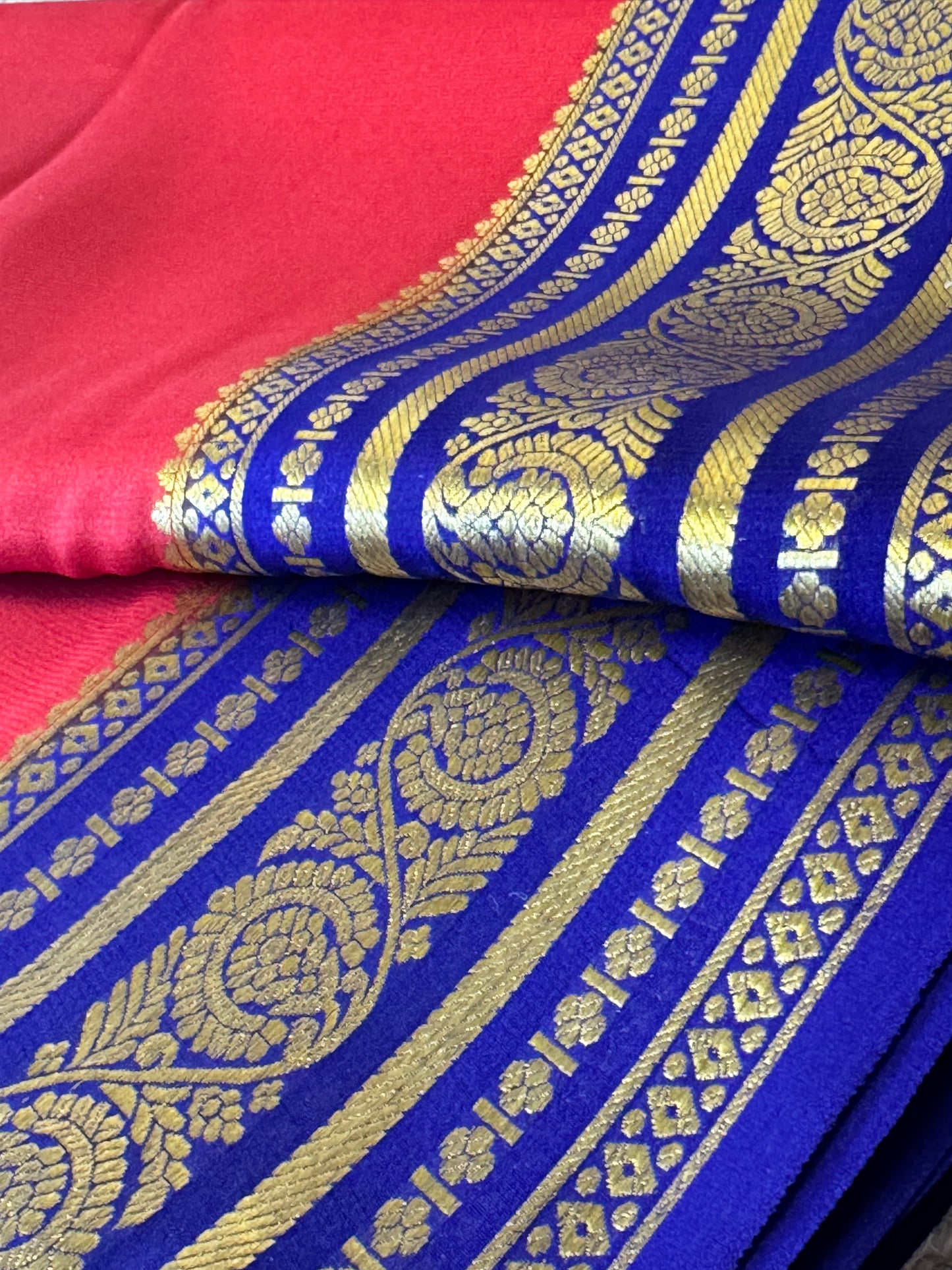 Red with Blue Pure Crepe Mysore Silk Saree