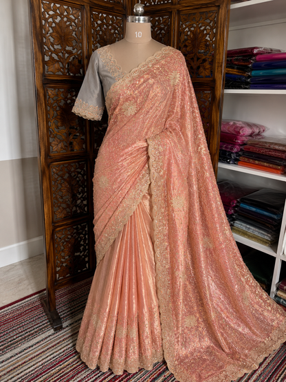Peach Embroidered Tissue Saree with Contrast Blue