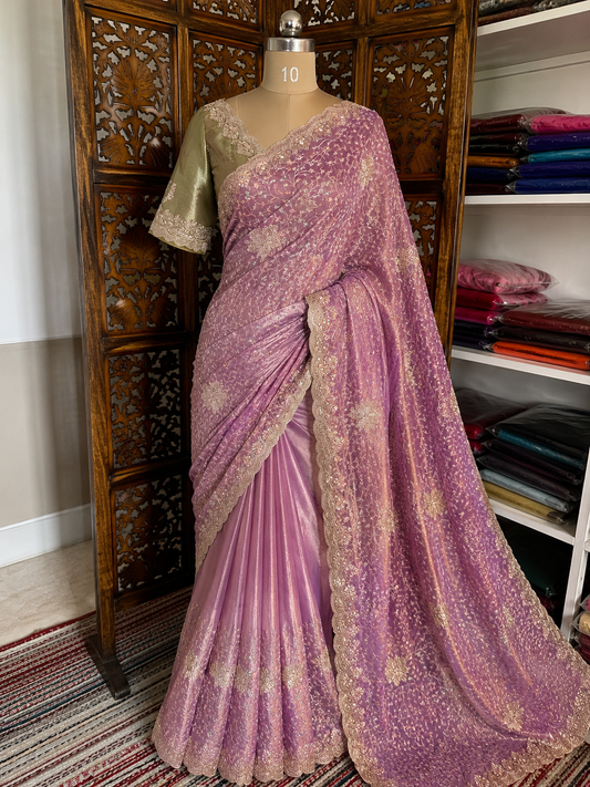 Mauve Pink Embroidered Tissue Saree with Contrast Green