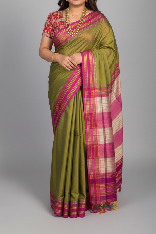 Parrot Green Viscose ilkal Cotton Saree