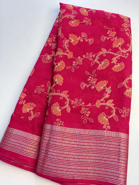 Pink Flower Chiffon Saree