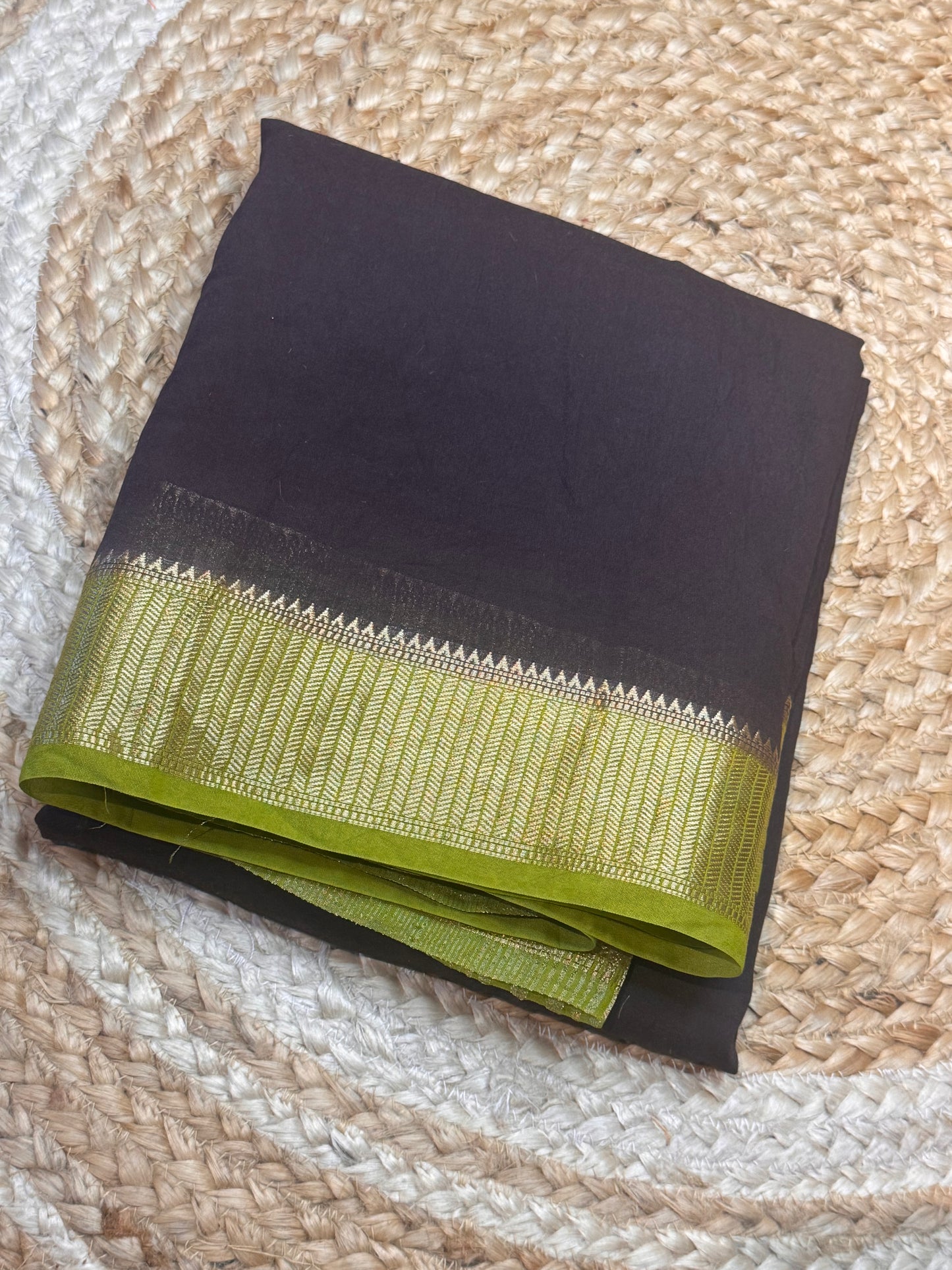 Brown with parrot Green Soft Cotton with Zari Border