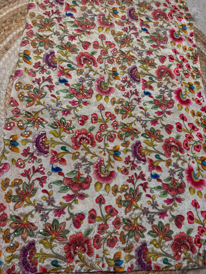 Cream with multi flower kalamkari Crepe Blouse Piece/Material