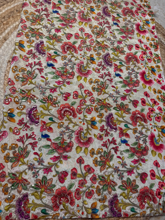 Cream with multi flower kalamkari Crepe Blouse Piece/Material