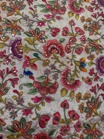 Cream with multi flower kalamkari Crepe Blouse Piece/Material
