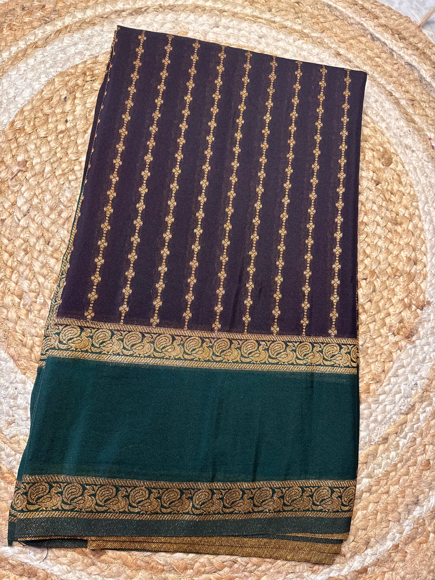 Brown with Green Khaddi Banaras Saree