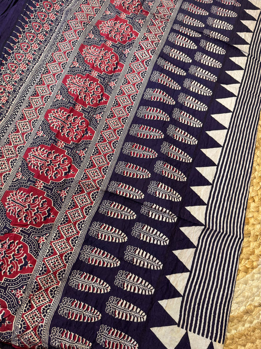 Blue Striped Pure Cotton with Ajrak Print
