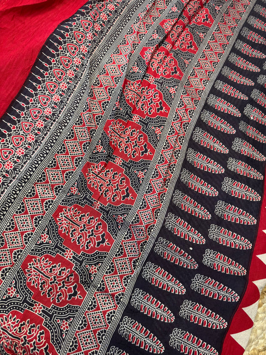 Red Striped Pure Cotton with Ajrak Print