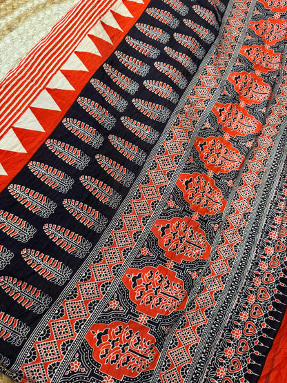 Orange Striped Pure Cotton with Ajrak Print