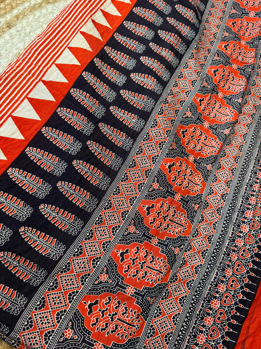 Orange Striped Pure Cotton with Ajrak Print