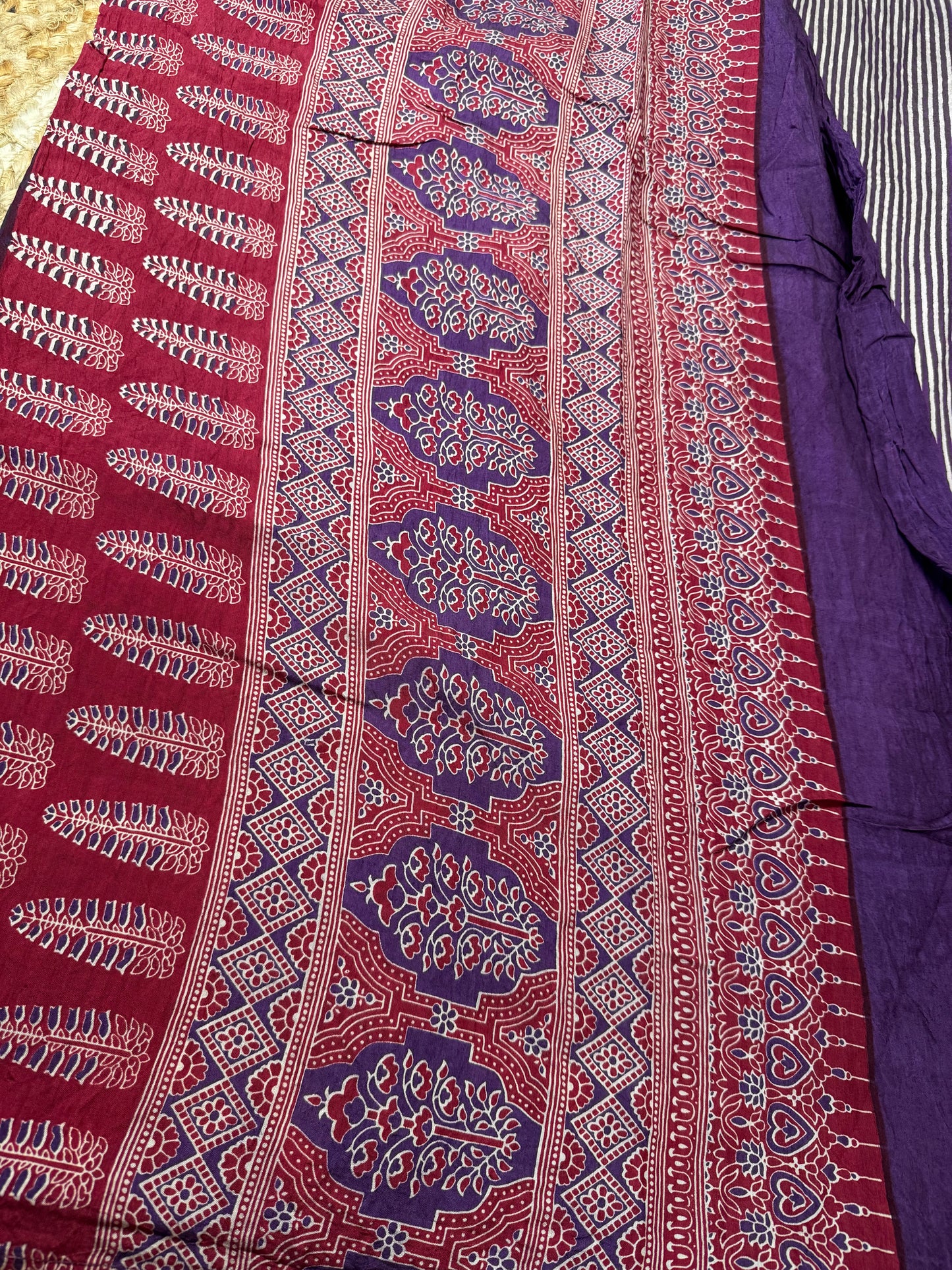 Purple Striped Pure Cotton with Ajrak Print