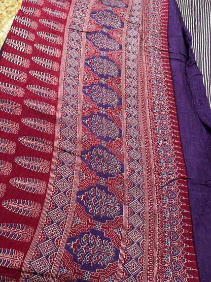 Purple Striped Pure Cotton with Ajrak Print