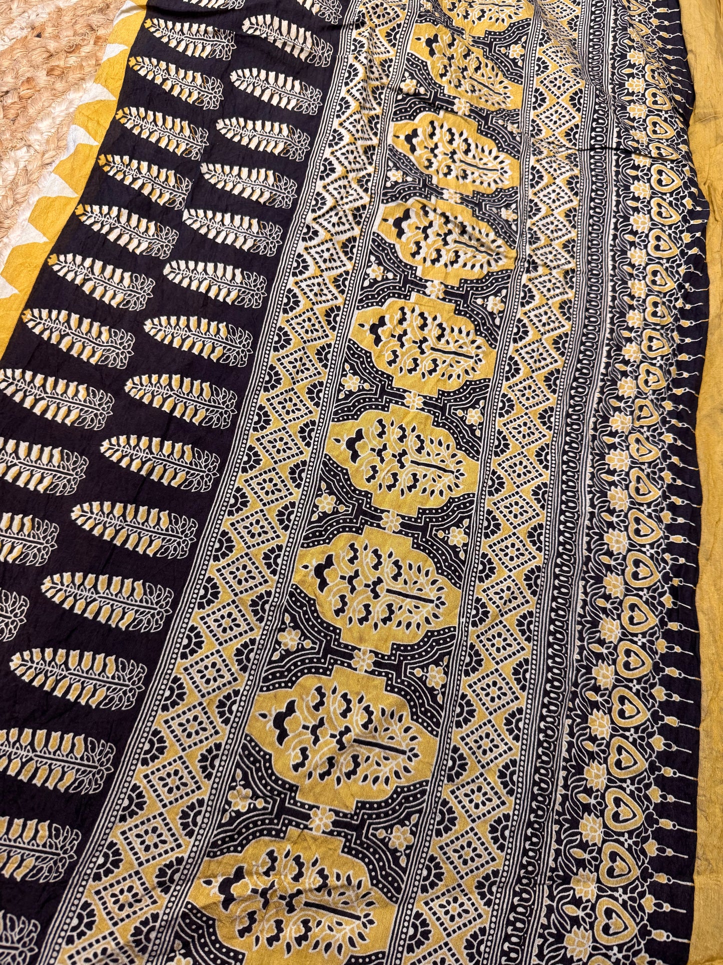 Yellow Striped Pure Cotton with Ajrak Print
