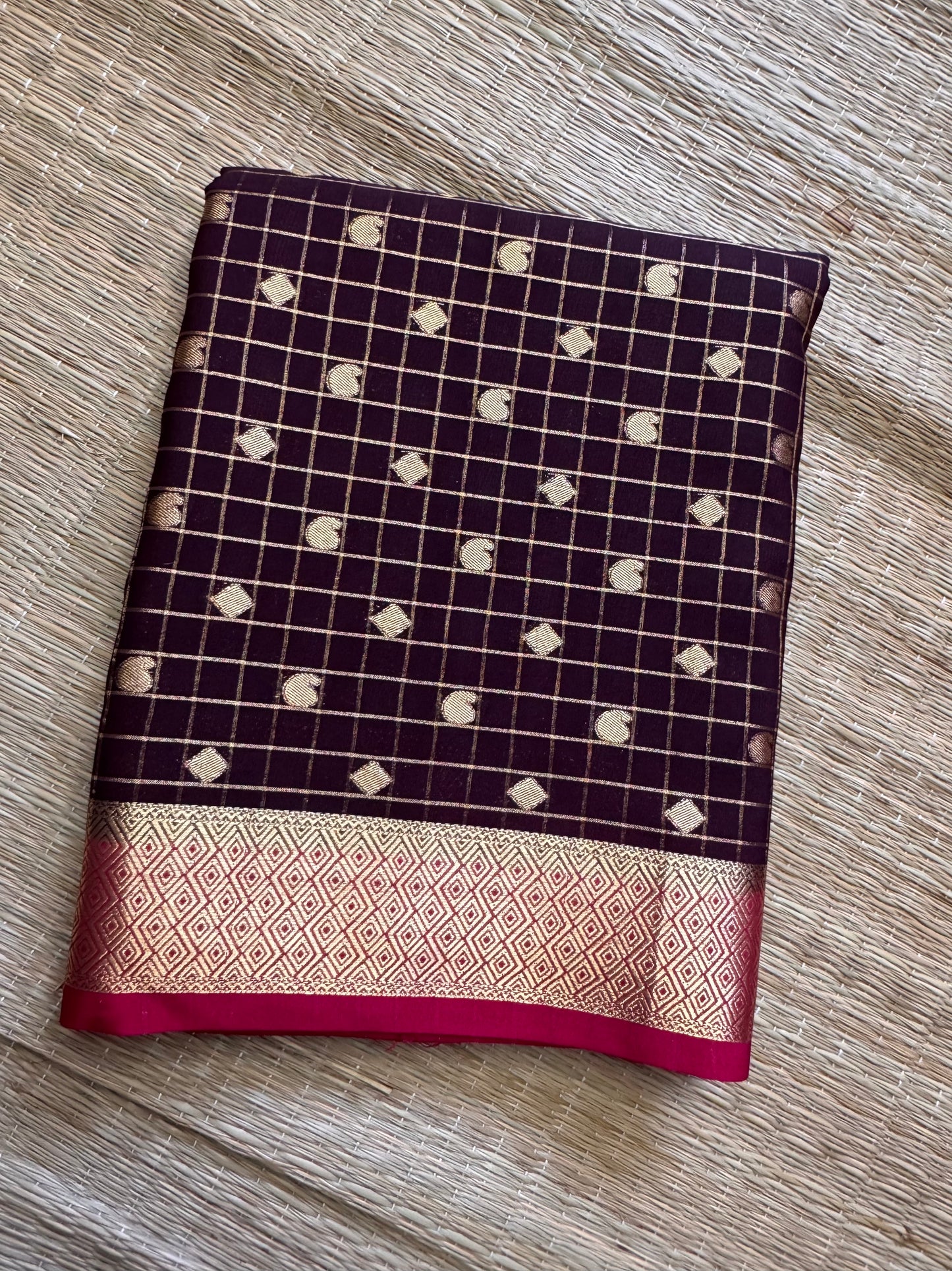 Brown Mango Diamond Checks Semi Crepe Mysore Silk