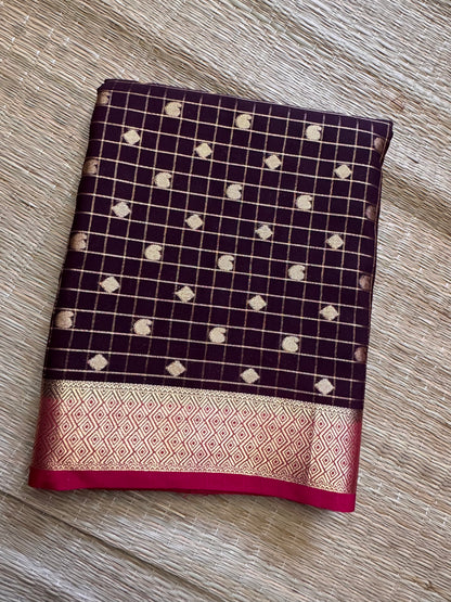 Brown Mango Diamond Checks Semi Crepe Mysore Silk