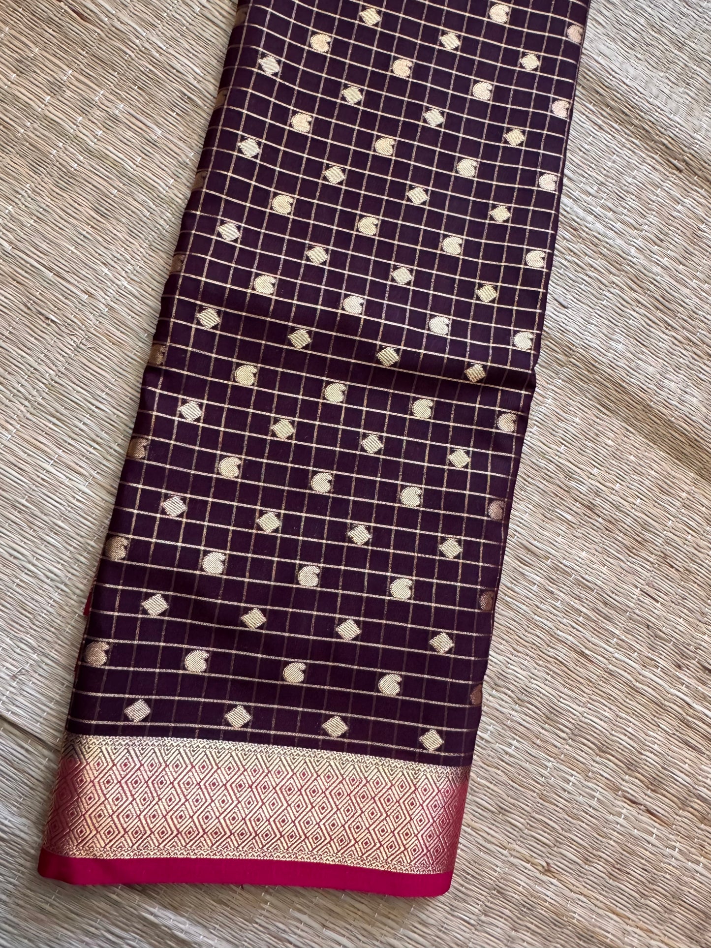 Brown Mango Diamond Checks Semi Crepe Mysore Silk