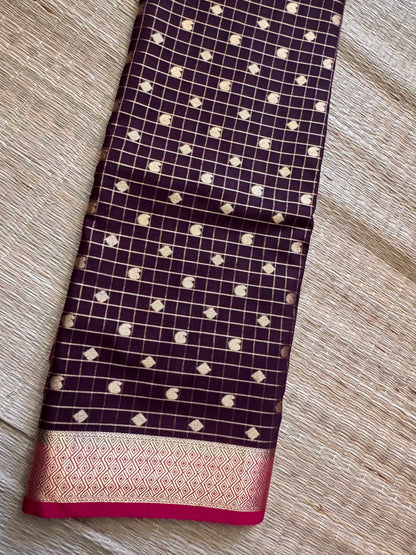 Brown Mango Diamond Checks Semi Crepe Mysore Silk
