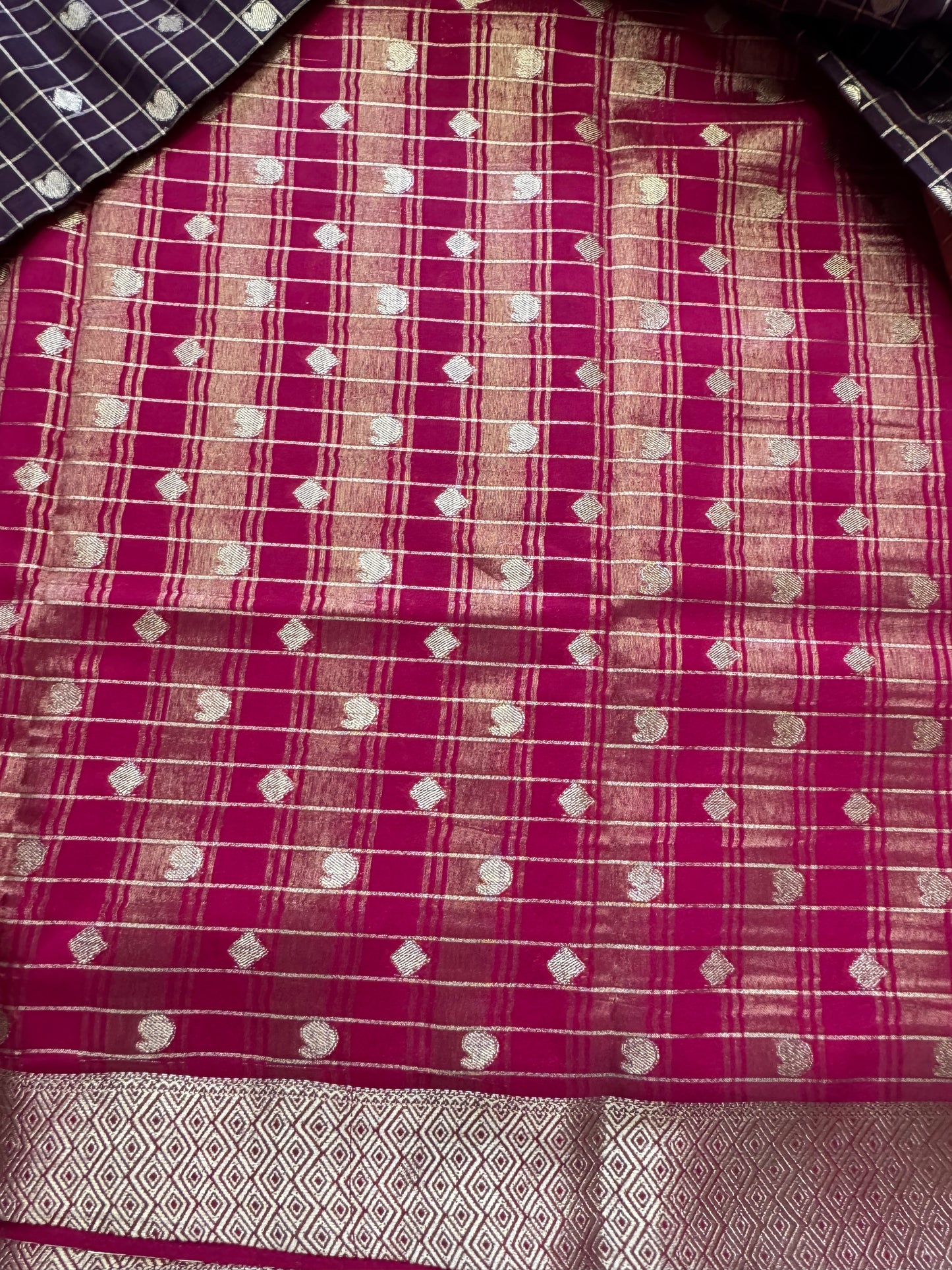 Brown Mango Diamond Checks Semi Crepe Mysore Silk