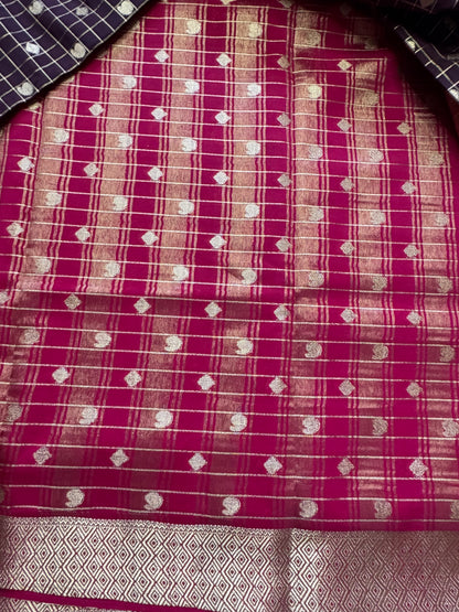 Brown Mango Diamond Checks Semi Crepe Mysore Silk