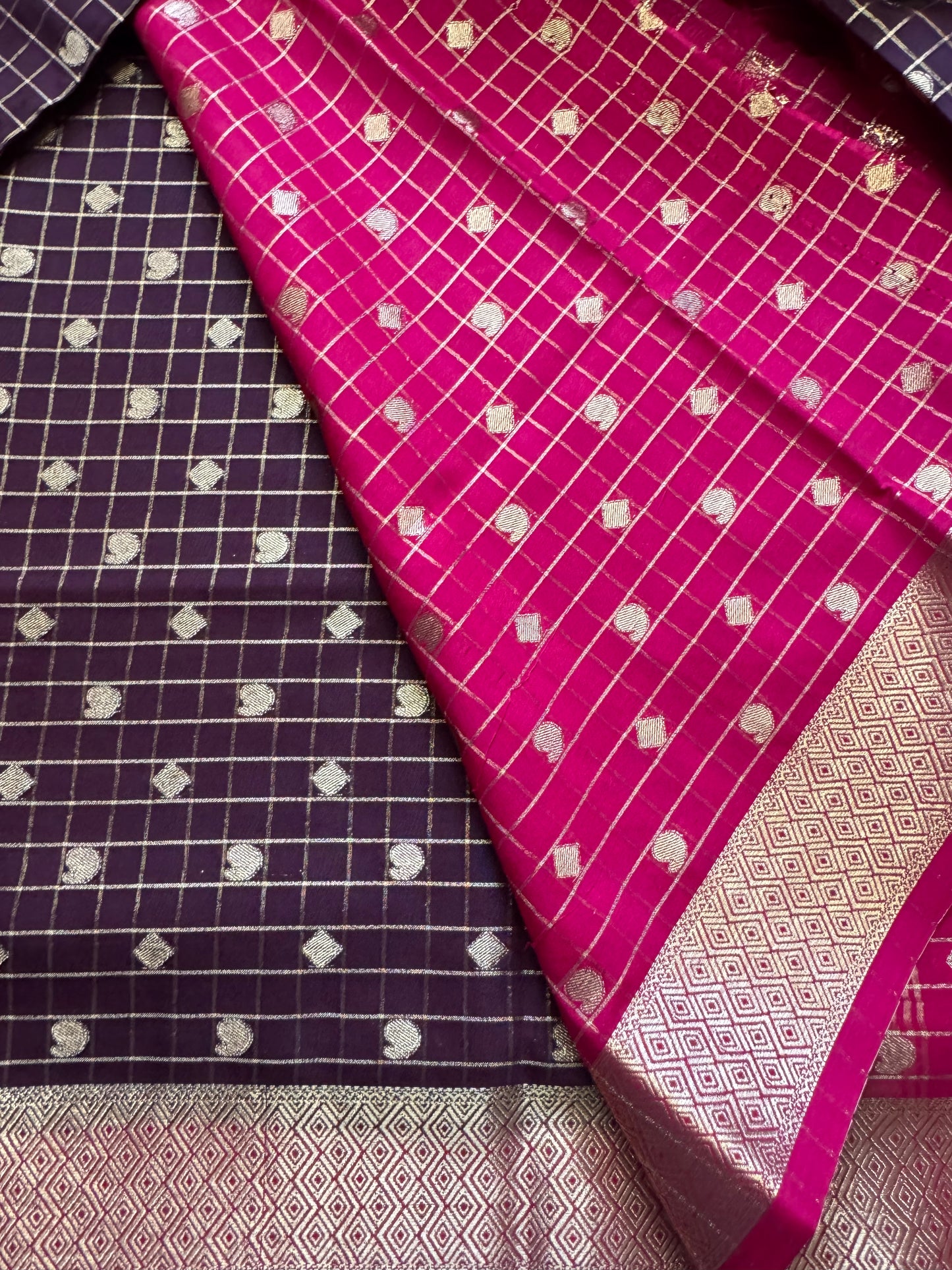 Brown Mango Diamond Checks Semi Crepe Mysore Silk