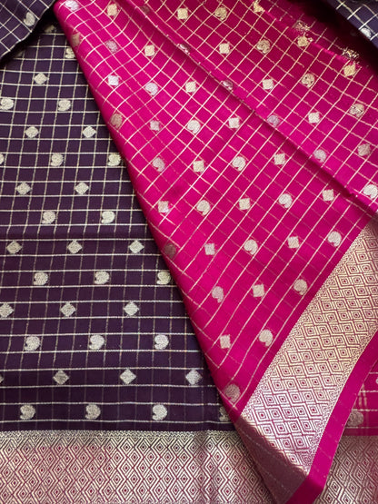 Brown Mango Diamond Checks Semi Crepe Mysore Silk