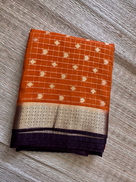 Rust Orange Mango Diamond Checks Semi Crepe Mysore Silk
