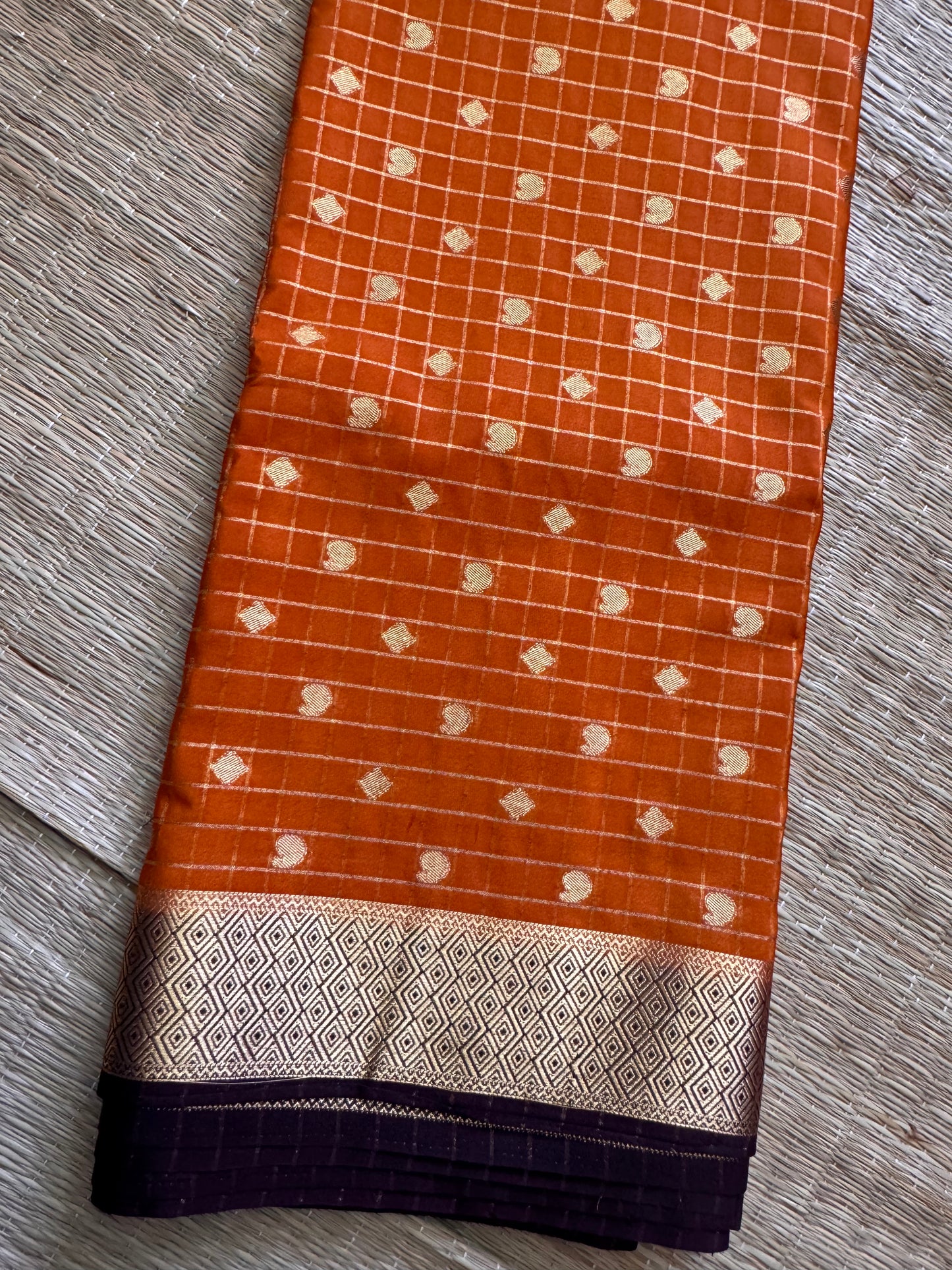Yellow with Brown Mango Diamond Checks Semi Crepe Mysore Silk