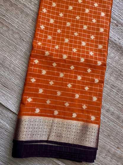 Yellow with Brown Mango Diamond Checks Semi Crepe Mysore Silk