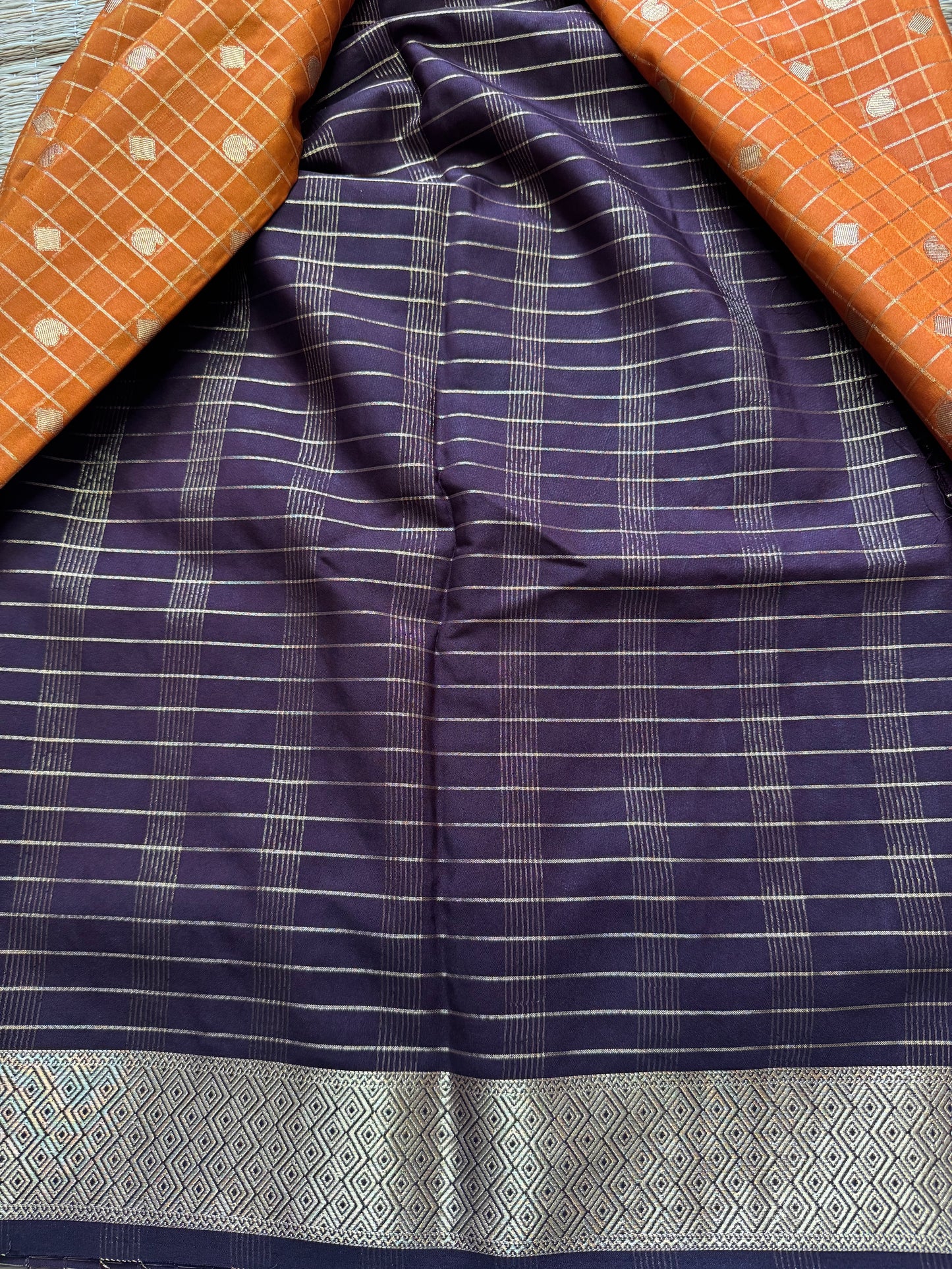 Yellow with Brown Mango Diamond Checks Semi Crepe Mysore Silk