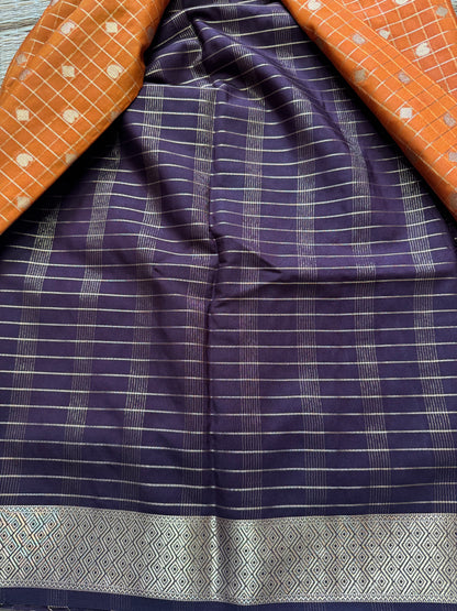 Yellow with Brown Mango Diamond Checks Semi Crepe Mysore Silk
