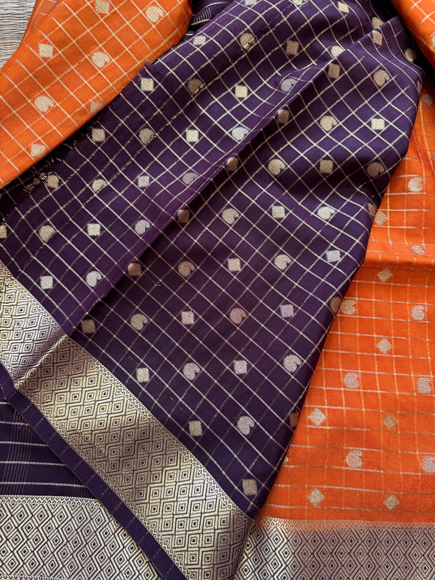 Yellow with Brown Mango Diamond Checks Semi Crepe Mysore Silk