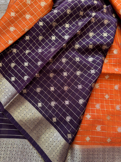 Yellow with Brown Mango Diamond Checks Semi Crepe Mysore Silk
