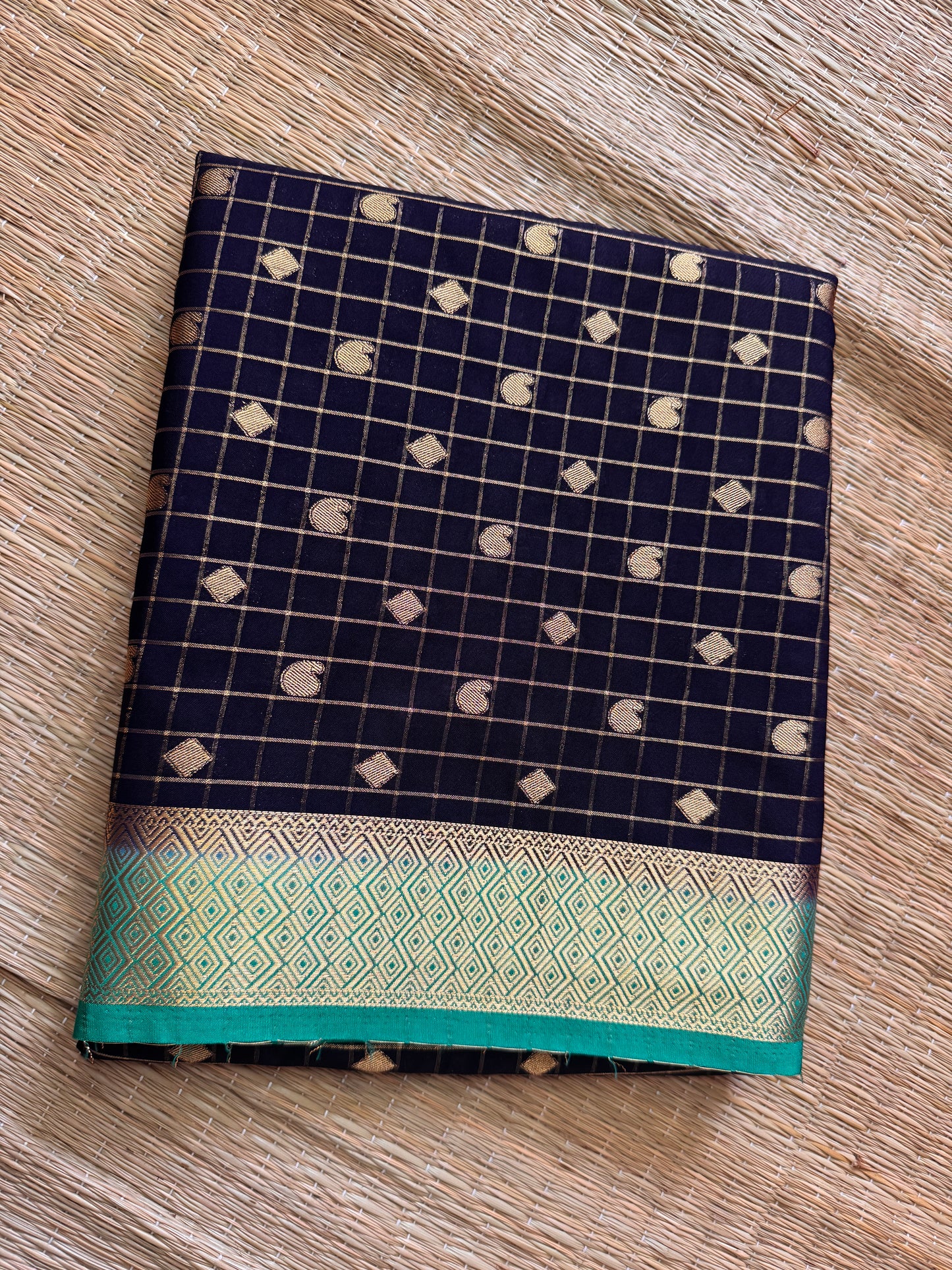 Navy Blue Mango Diamond Checks Semi Crepe Mysore Silk