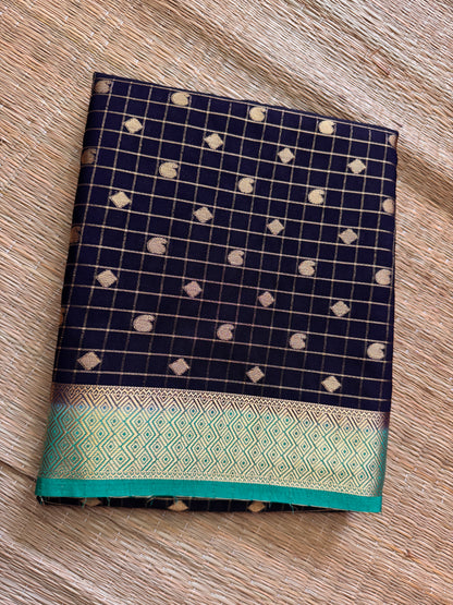 Navy Blue Mango Diamond Checks Semi Crepe Mysore Silk