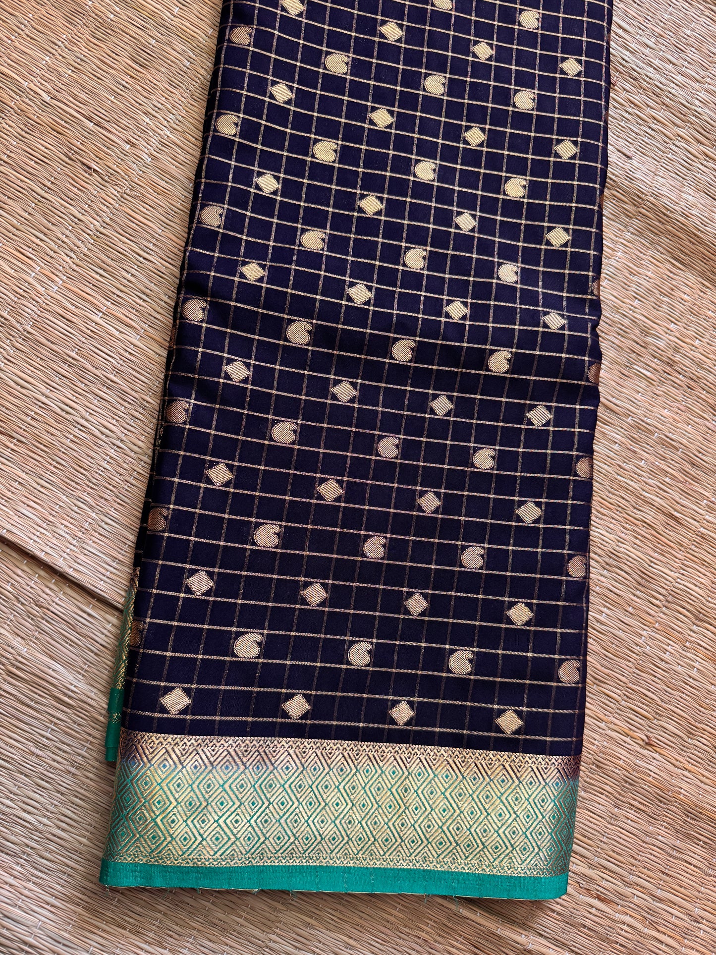 Navy Blue Mango Diamond Checks Semi Crepe Mysore Silk