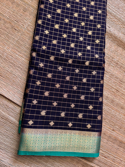 Navy Blue Mango Diamond Checks Semi Crepe Mysore Silk